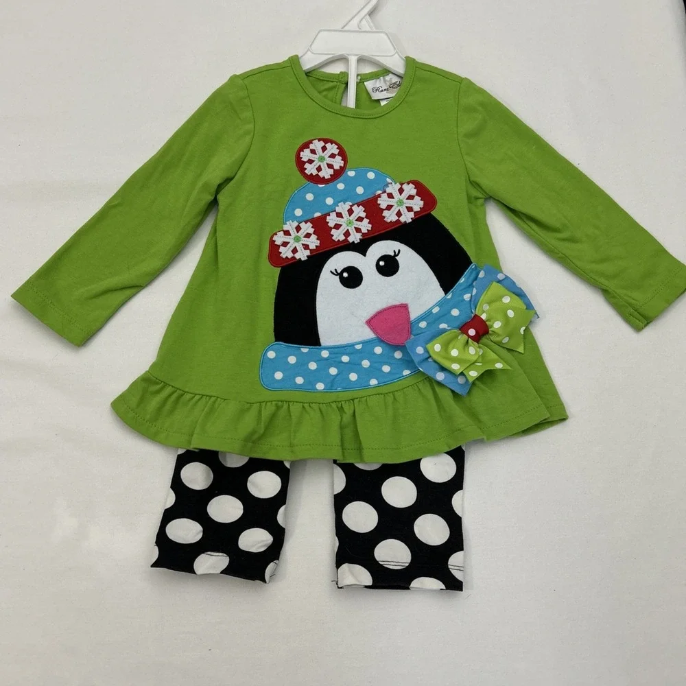 Rare Editions Girls 24mo Christmas Penguin Bow Hat Snowflake Outfit B127‎